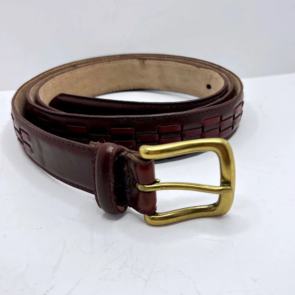 Mens Dark Brown Genuine Leather Belt Woven Inlay Solid Brass Buckle Size 50‎